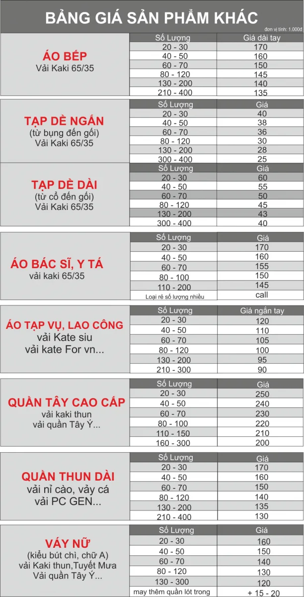 Bảng giá váy nữ, quần thun dài, quần tây cao cấp, áo tạp vụ, lao công, bảo vệ, tạp đề dài, tạp đề ngắn.