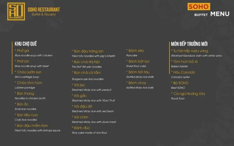 Menu quán SOHO Buffet & Alacarte