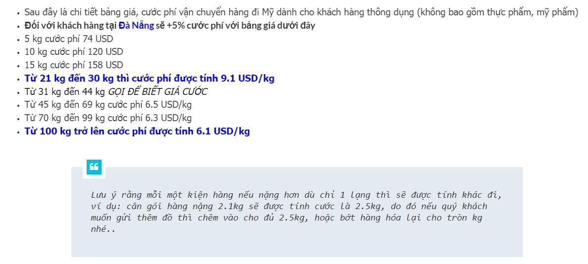 Bảng giá gửi hàng đi mỹ của Da Nang Post