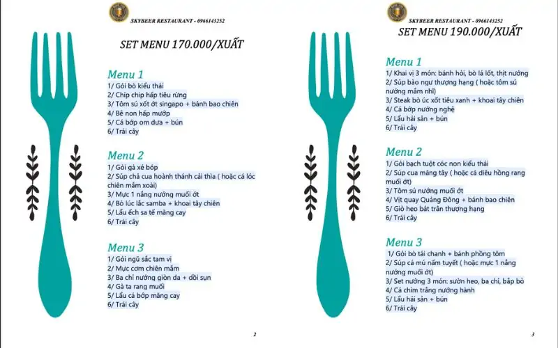 Menu quán SKY BEER