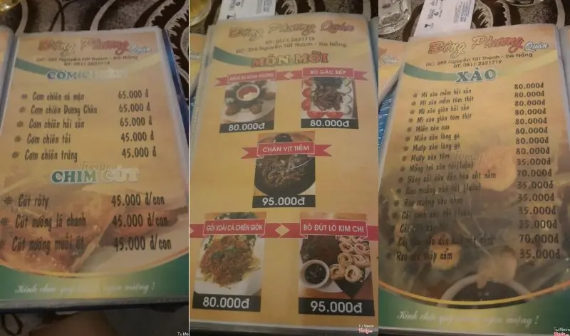 Menu quán nhậu Đông Phương Quán