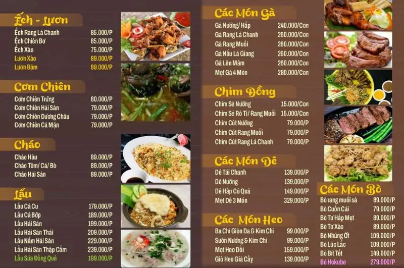 Menu của Biển Hồ Quán