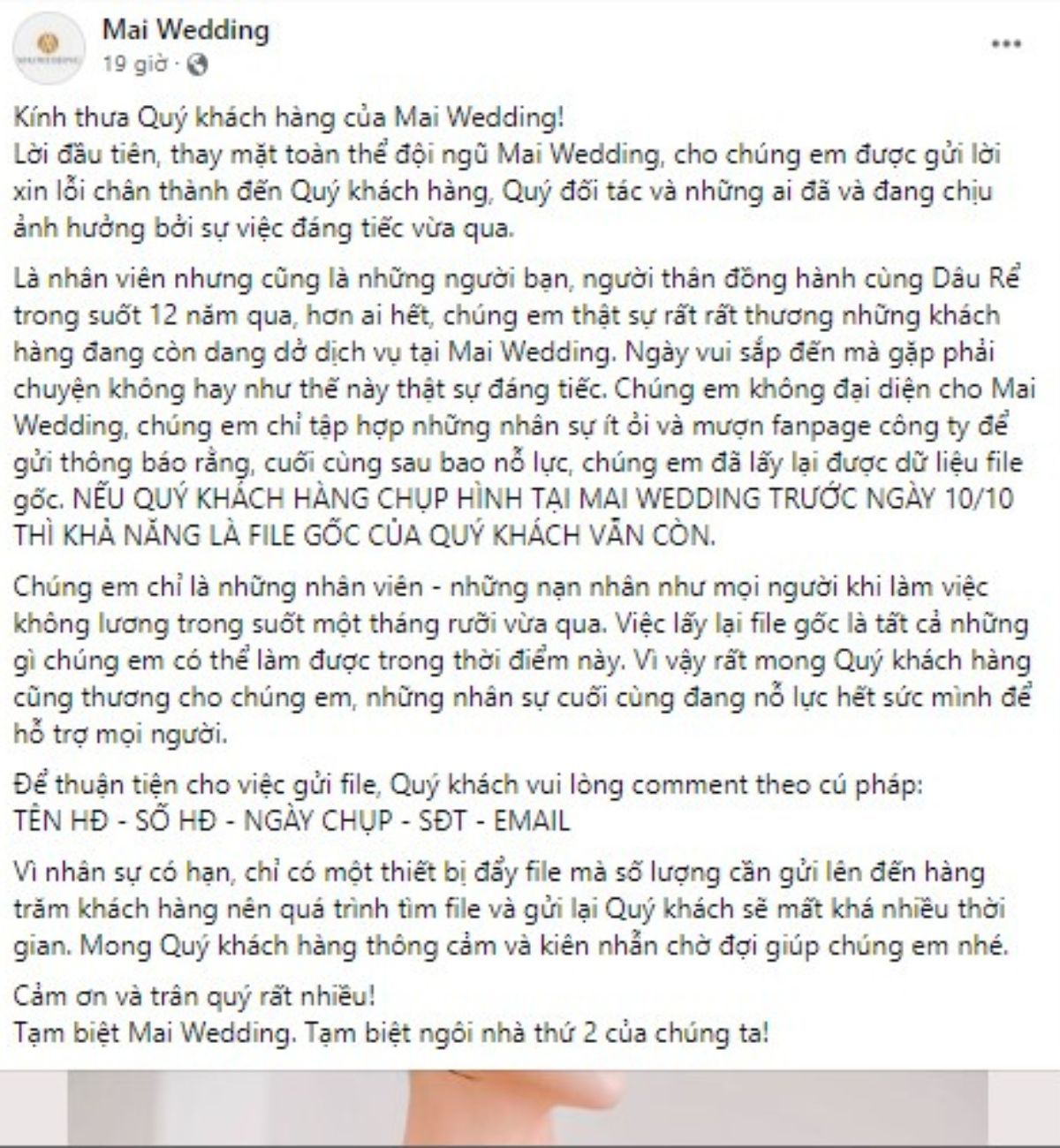 Facebook Mai Wedding đăng bài xin lỗi