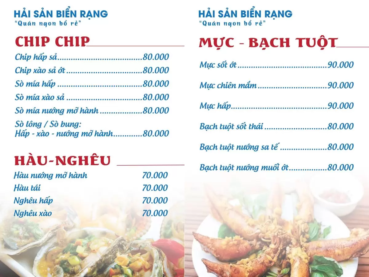 Menu nhà hàng Biển Rạng