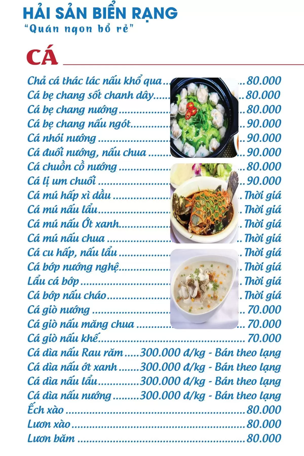 Menu nhà hàng Biển Rạng