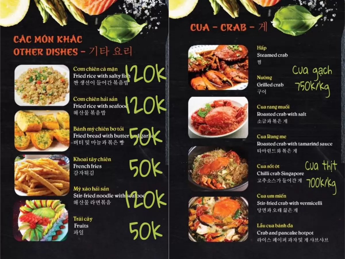 Menu Hải sản Cua Biển 1