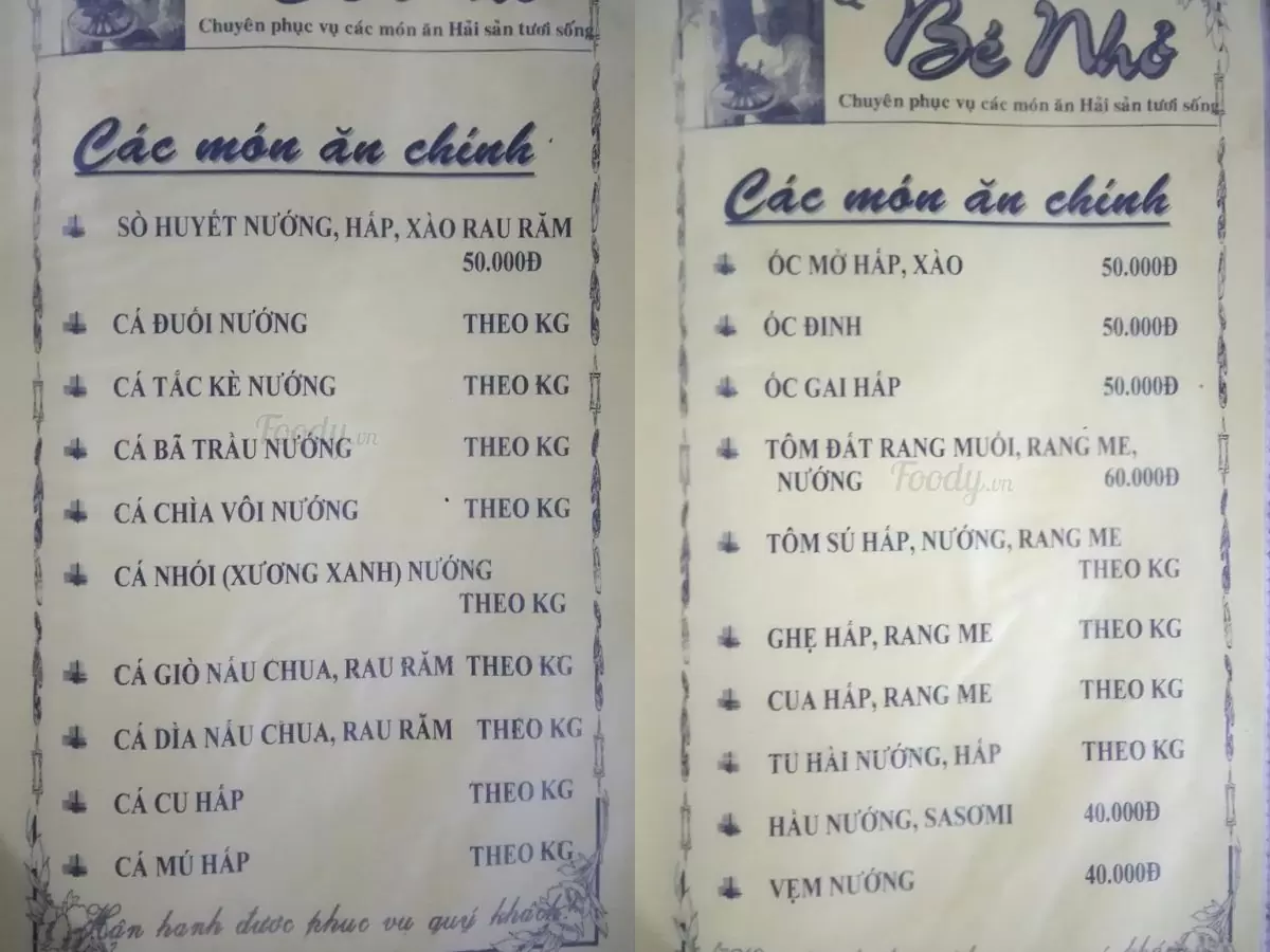 menu quán nhậu hải sản bé nhỏ