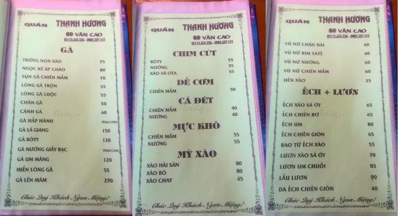 Hé lộ 6 quán nhậu bờ hồ Hàm Nghi Đà Nẵng view đẹp 25 Menu quán nhậu Thanh Hương