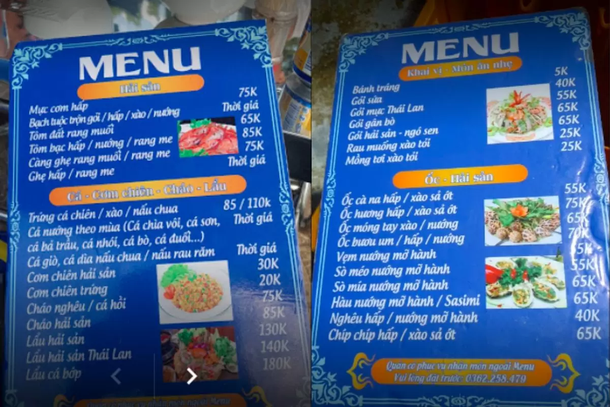 Menu quán nhậu bé Mùi