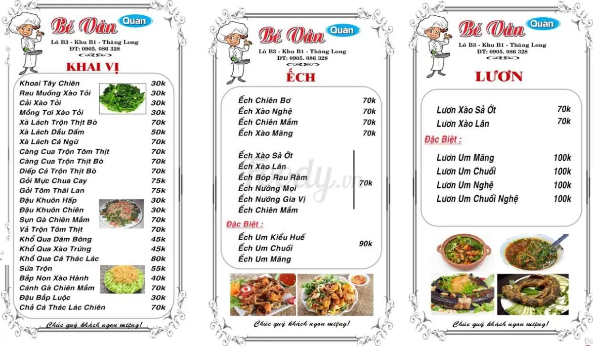 Menu Quán Bé Vân