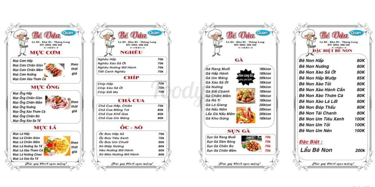 Menu Quán Bé Vân