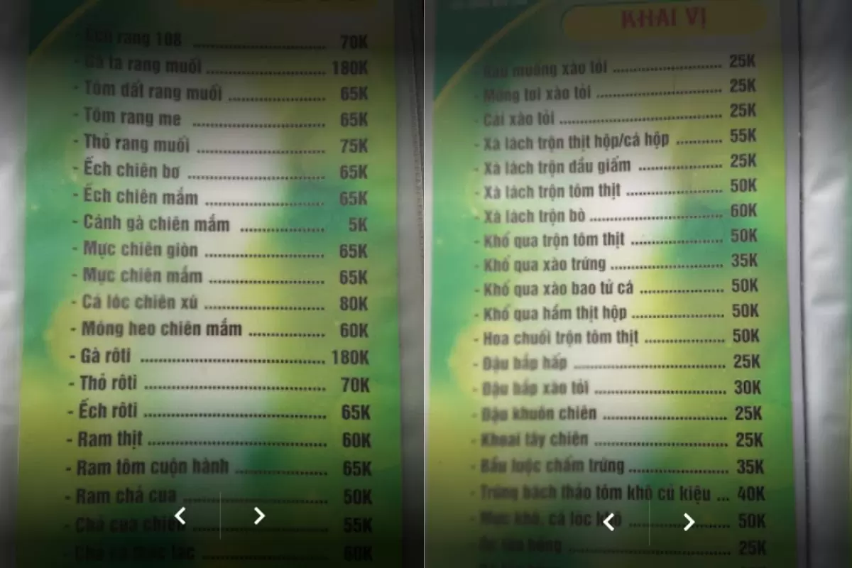 menu Quán nhậu New Bờ Hồ