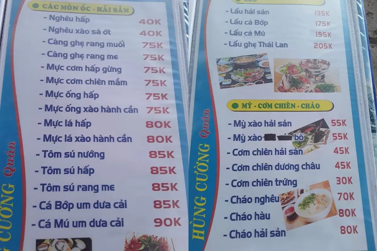 Menu Hùng Cường Quán