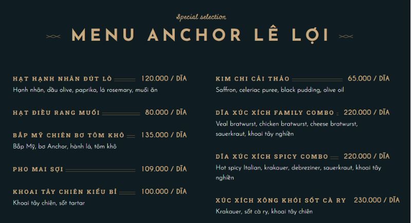 menu tại các của Anchor