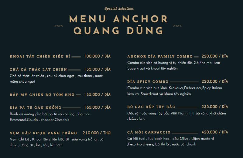 menu tại các của Anchor