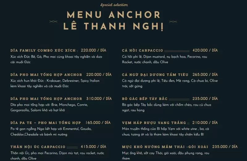 menu tại các của Anchor