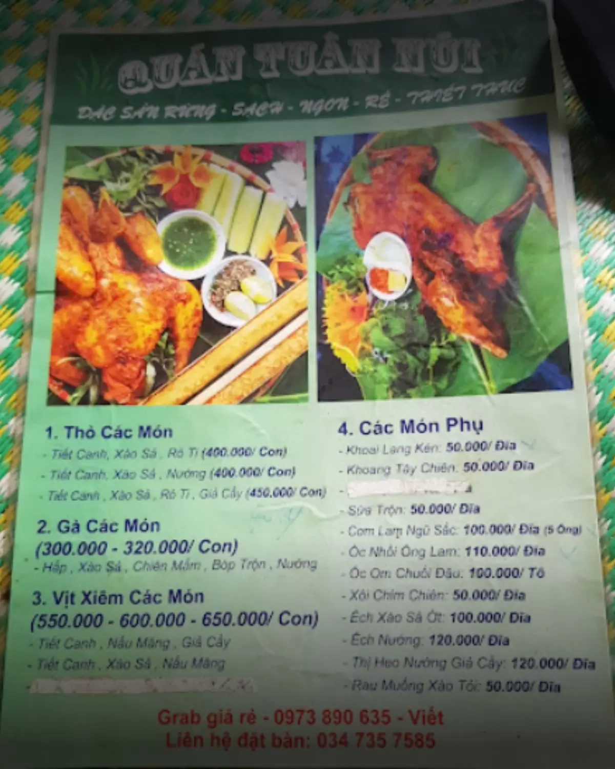 Menu quán Tuân Núi