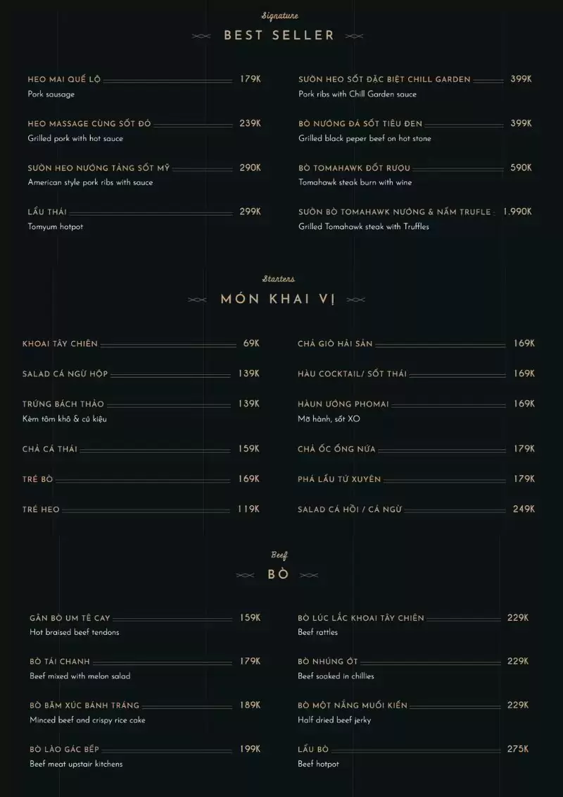 menu của CHILL Garden