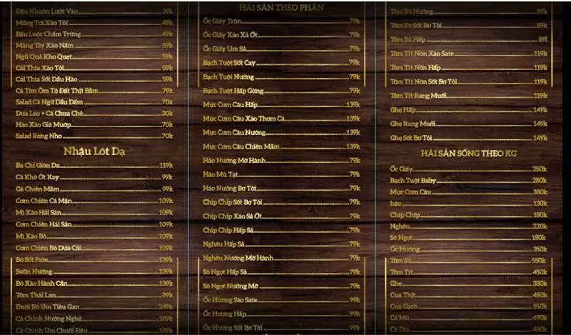 menu quán Bếu Nhà Gỗ