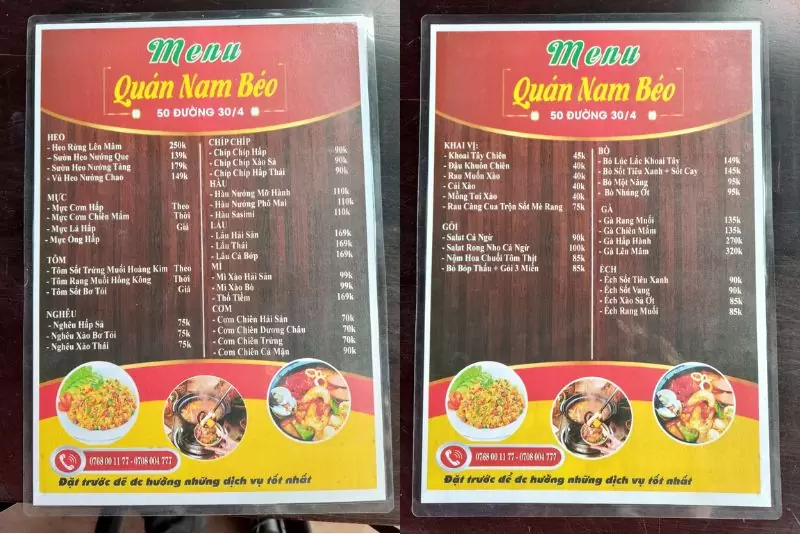 Menu quán nhậu Win Béo