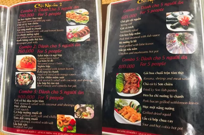 menu quán nhậu Cội Nguồn