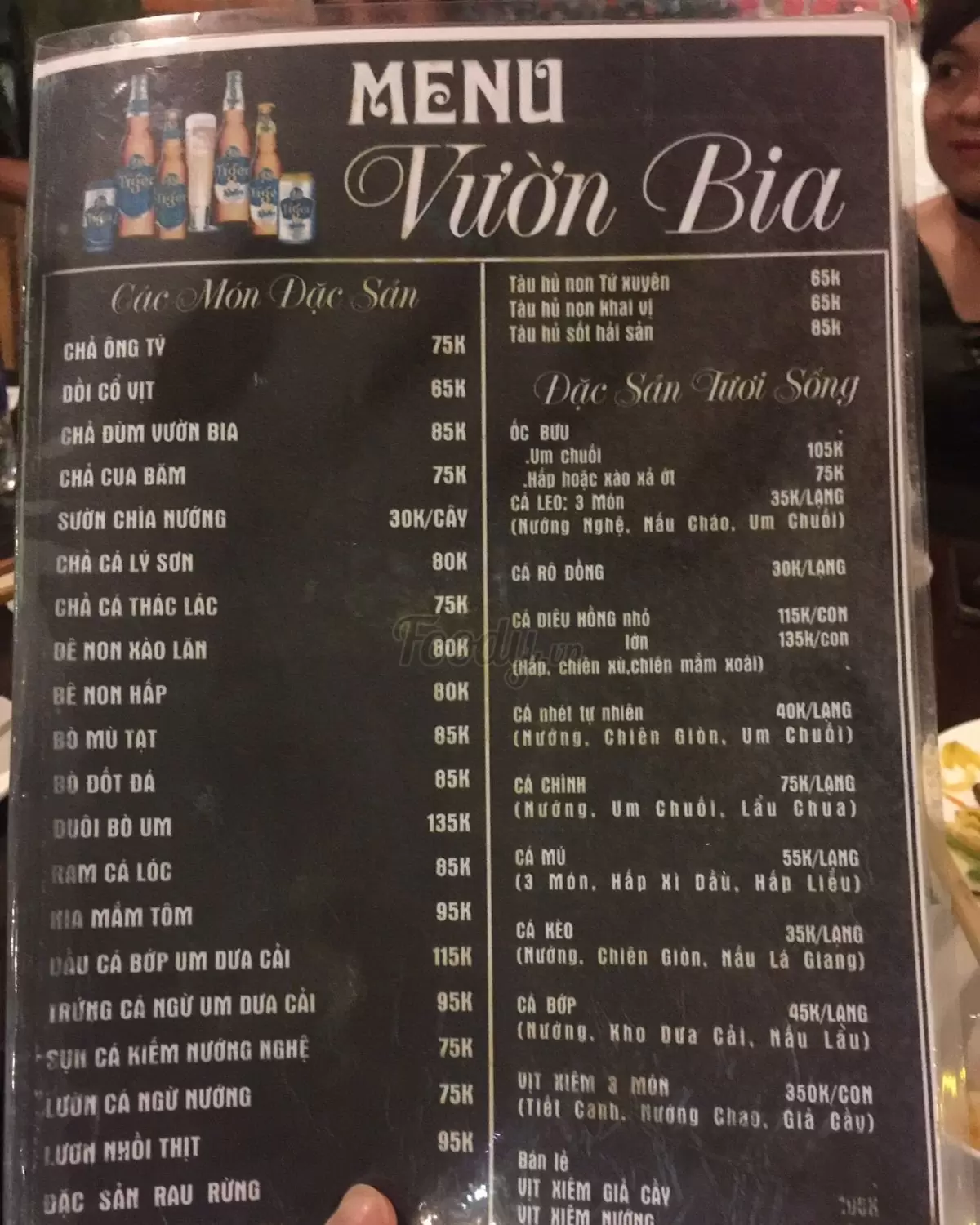 Menu nhà Hàng Vườn Bia