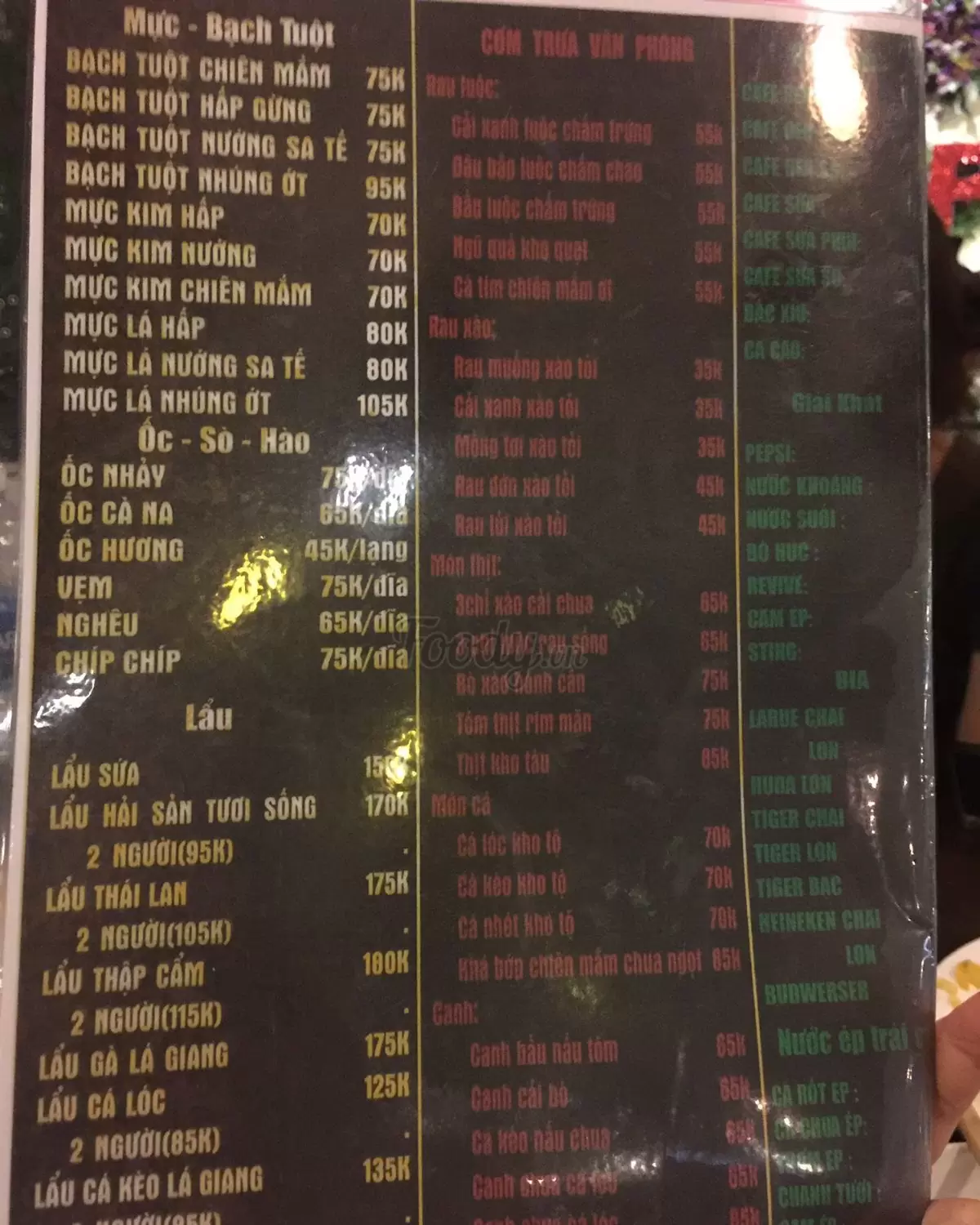 Menu nhà Hàng Vườn Bia