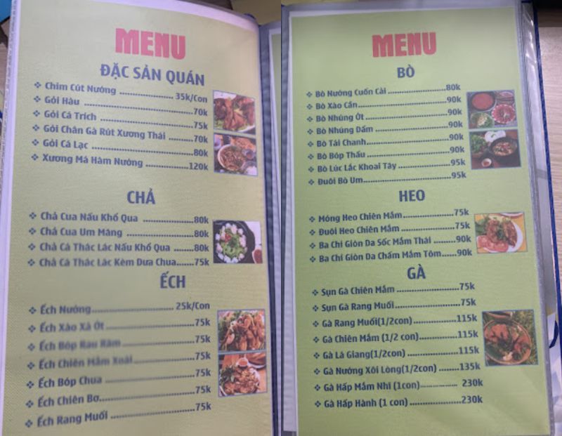 menu của quán nhậu Bờ Sông