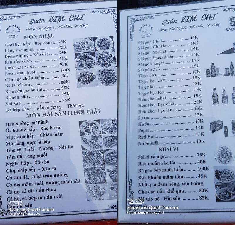 menu quán nhậu Kim Chi