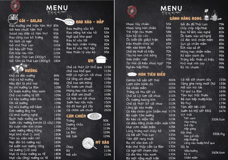 menu quán nhậu La Bàn seafood & beer