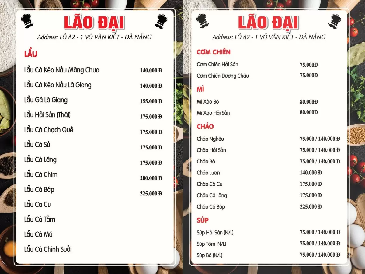 Menu Nhà hàng Hải sản Lão Đại