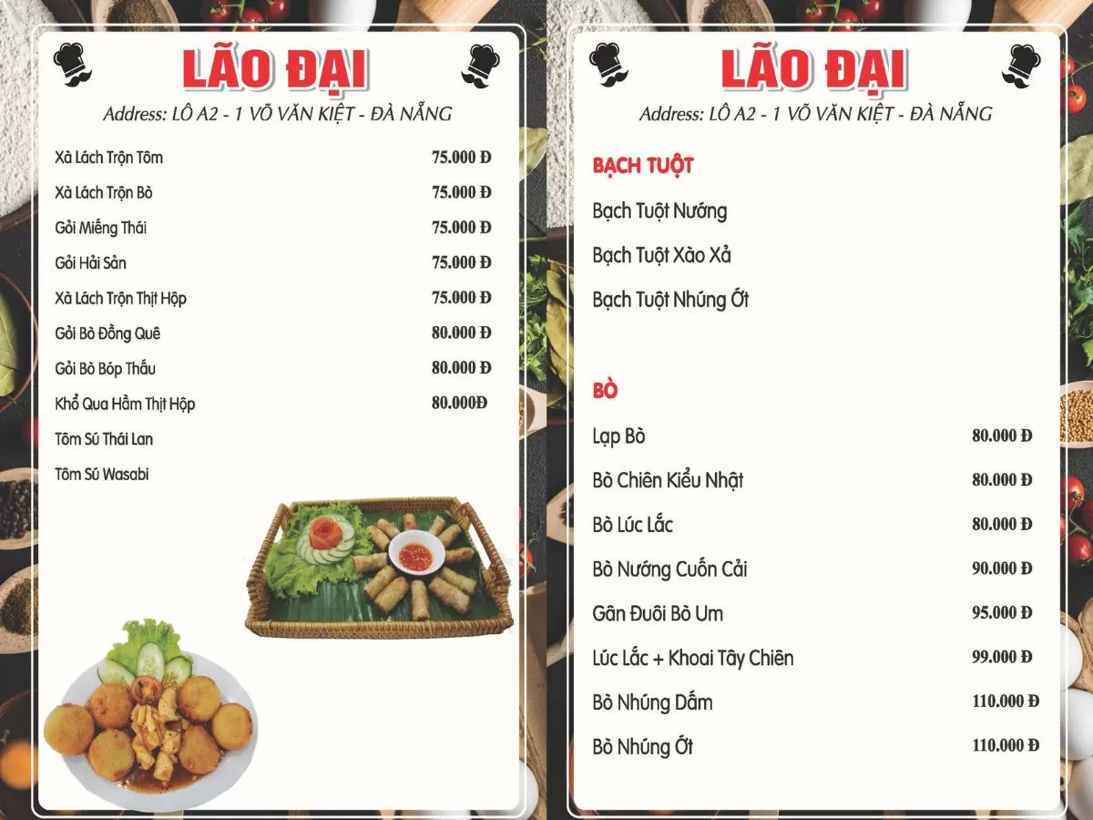 Menu Nhà hàng Hải sản Lão Đại