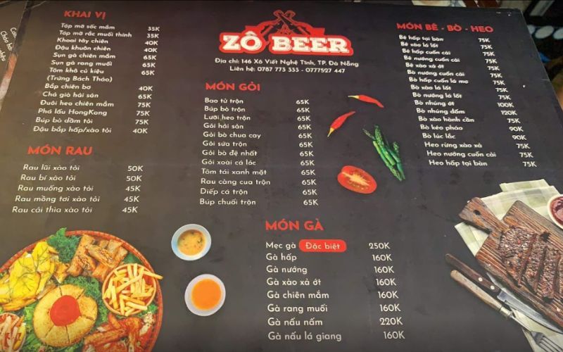 menu quán Zô beer