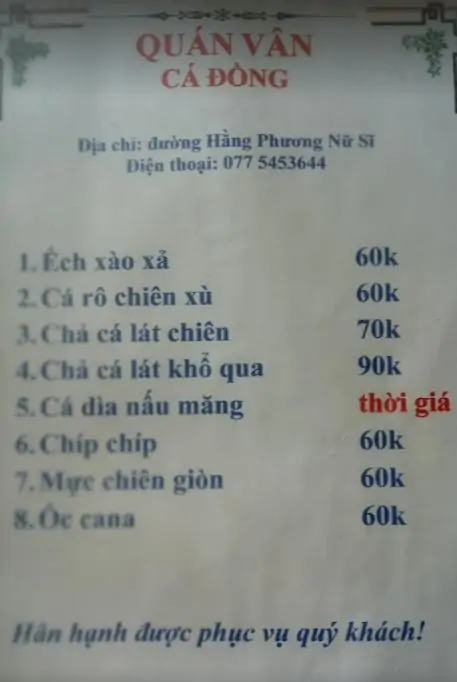 menu quán nhậu hòa quý vân cá đồng
