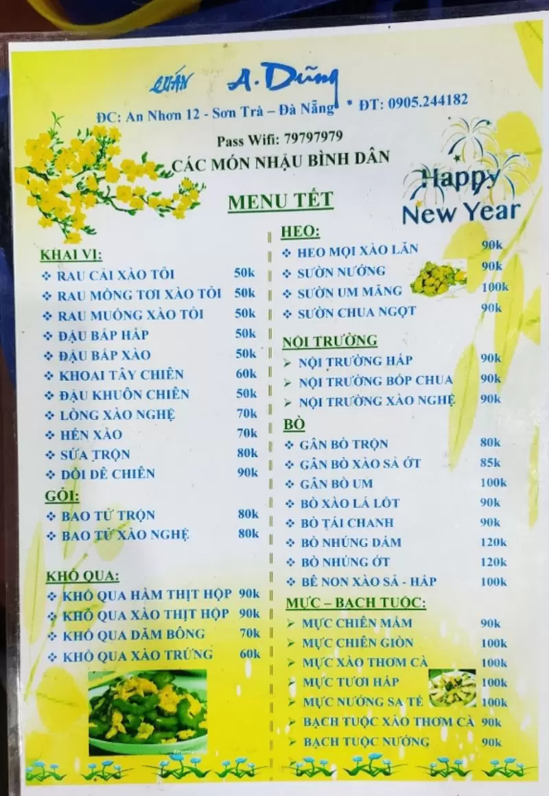 Bật mí 10 quán nhậu Sơn Trà Đà Nẵng ngon rẻ bất ngờ 42 Menu quán nhậu A Dũng