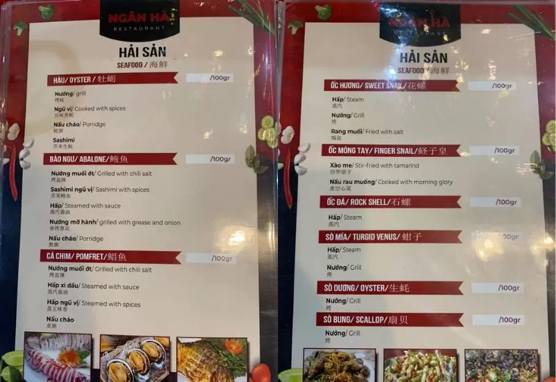 Bật mí 10 quán nhậu Sơn Trà Đà Nẵng ngon rẻ bất ngờ 32 Menu quán nhậu Ngân Hà
