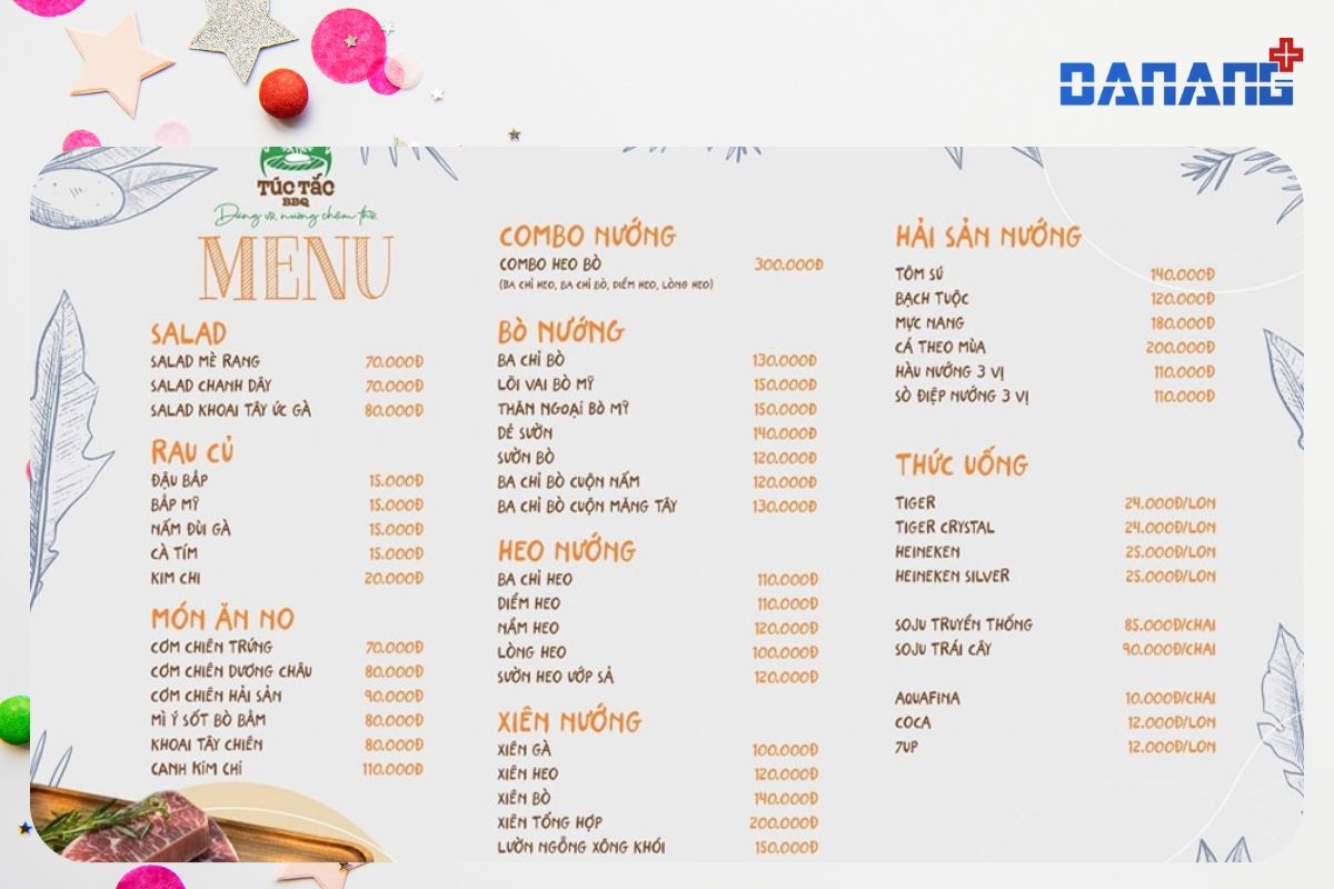 menu của túc tắc quán