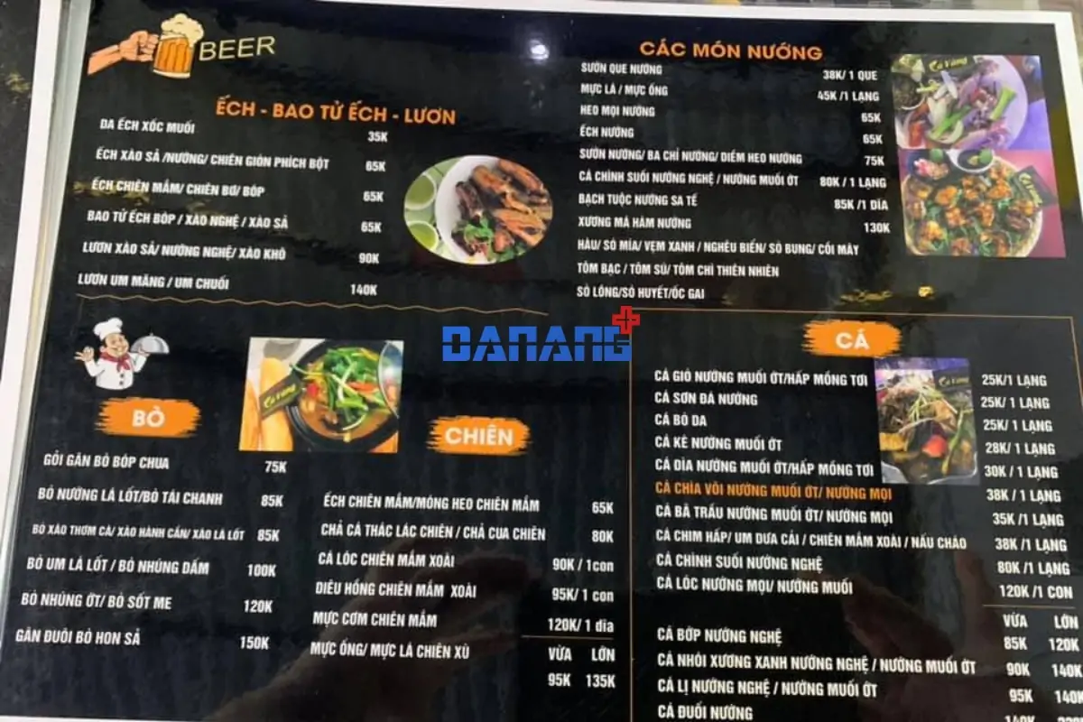 menu tham khảo quán cá vàng