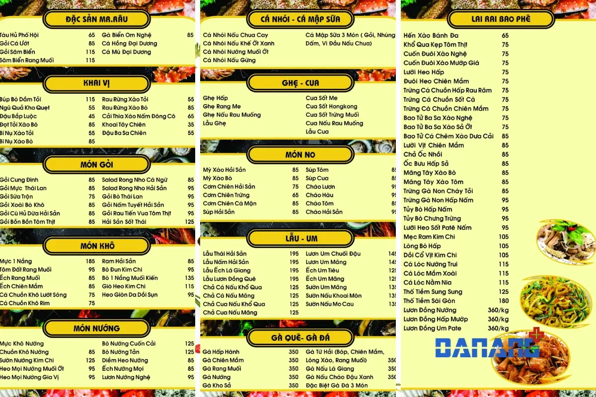 menu tham khảo quán mr.râu