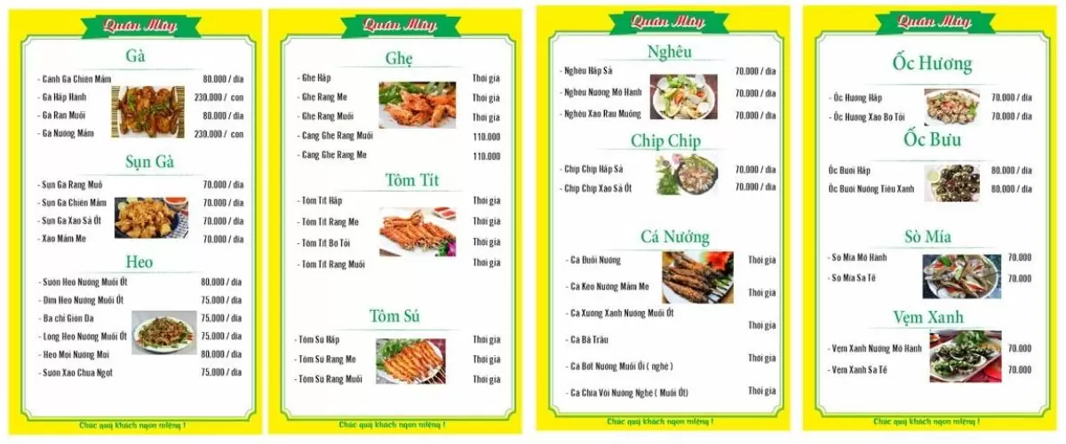 menu quán mây