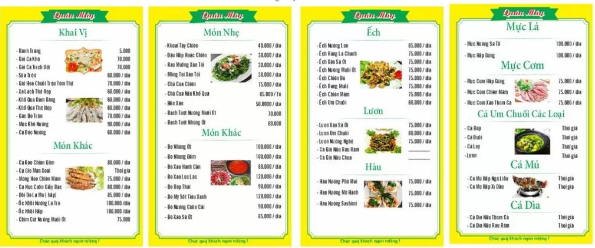 menu quán mây