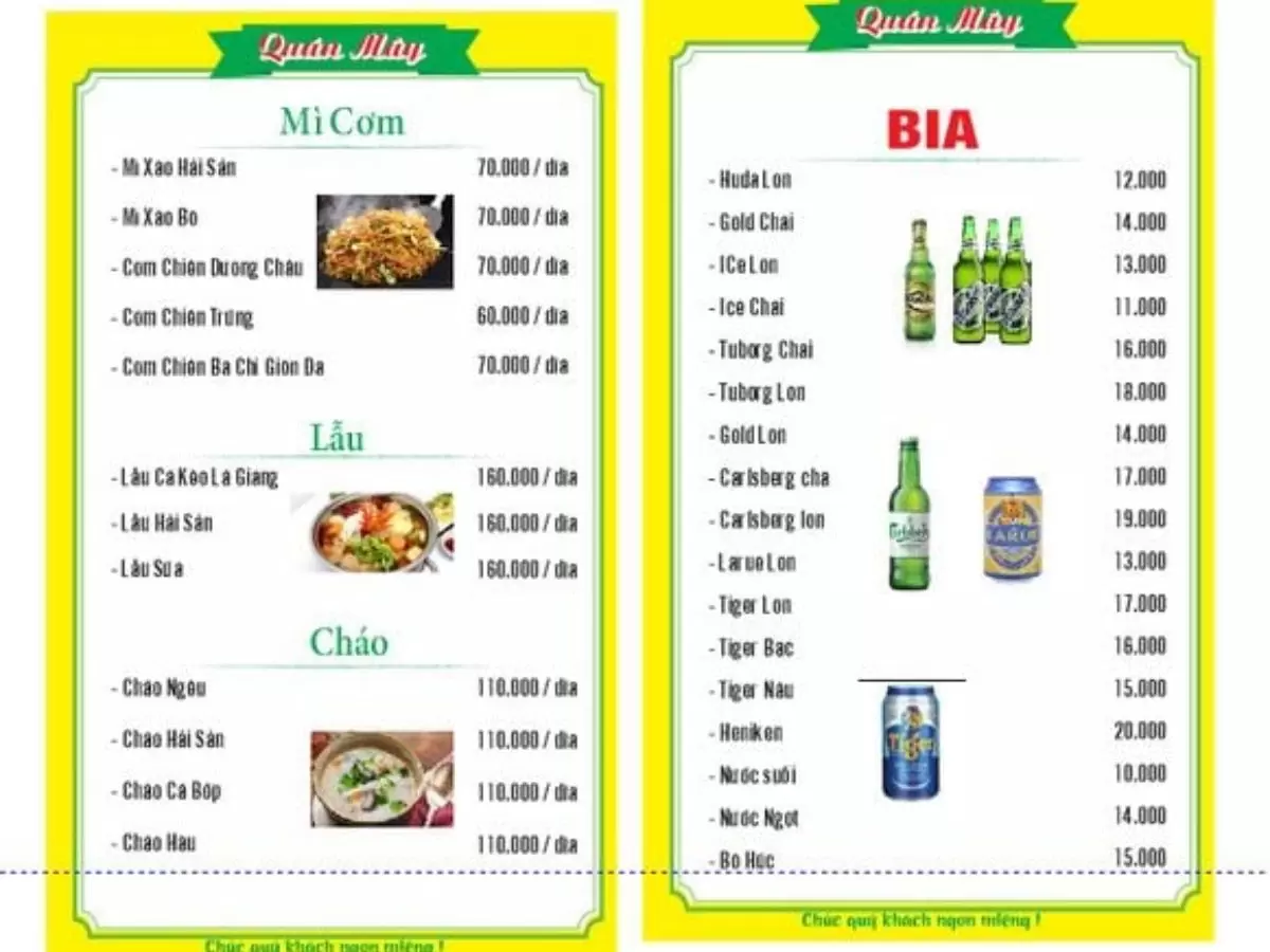menu quán mây