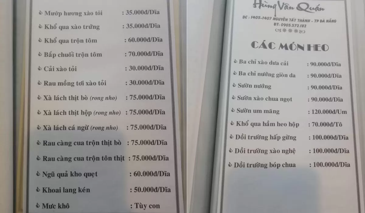Menu quán nhậu Hùng Vân