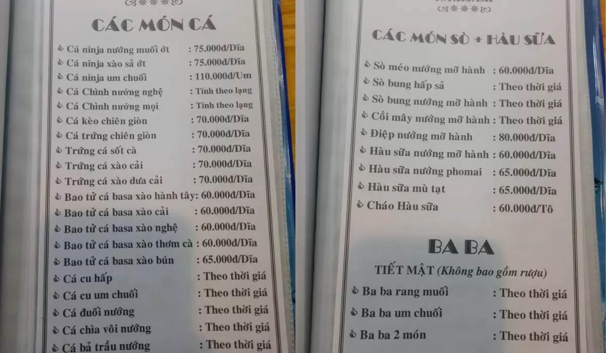 Menu quán nhậu Hùng Vân