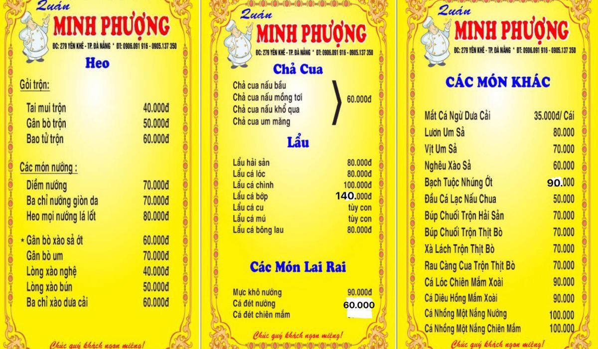 menu quán nhậu Minh Phượng