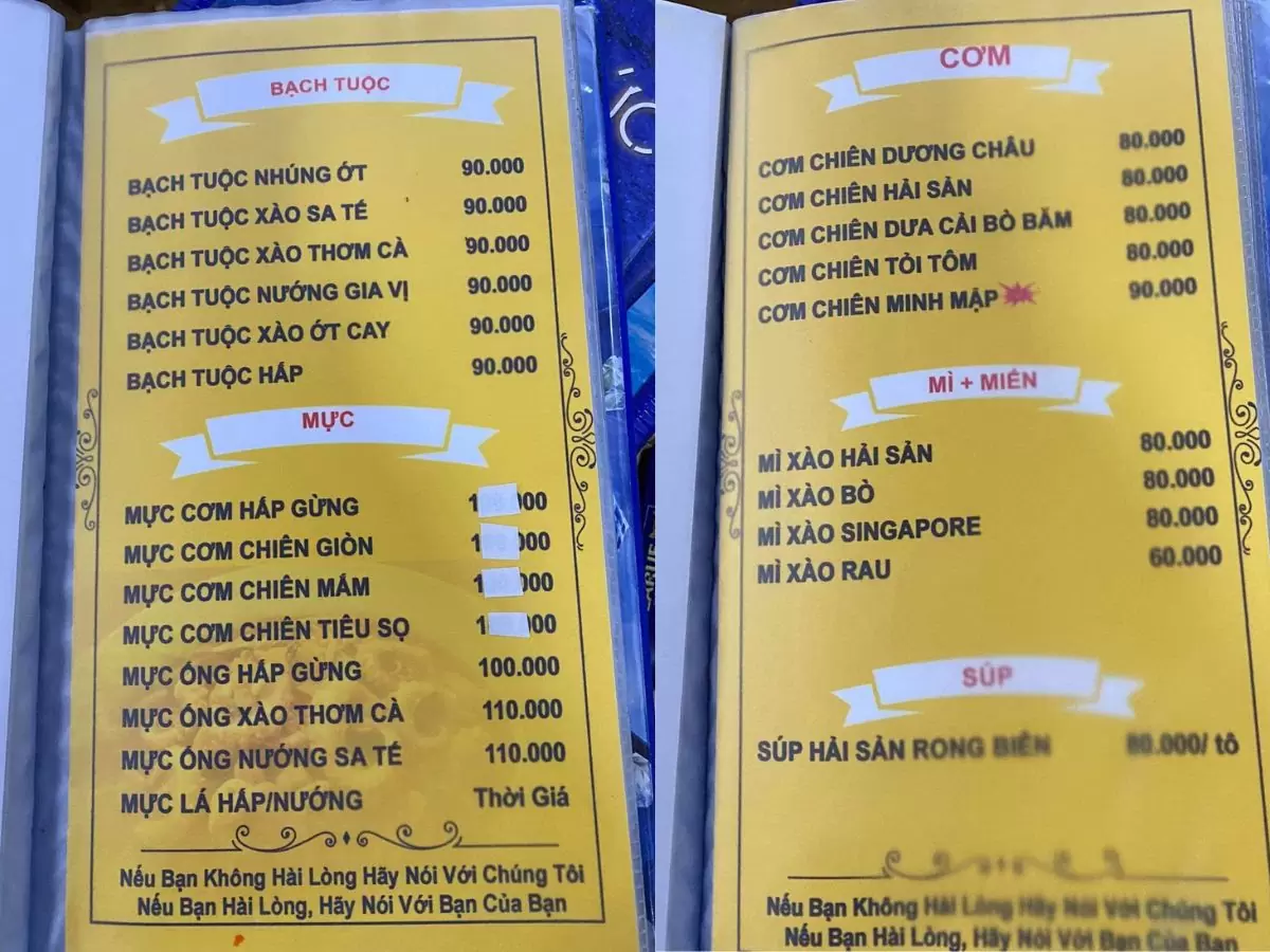 menu quán nhậu Minh Mập