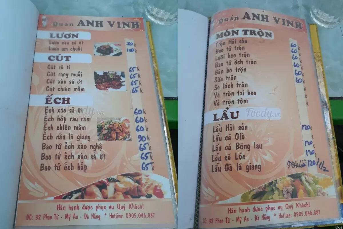 menu quán nhậu Anh Vinh