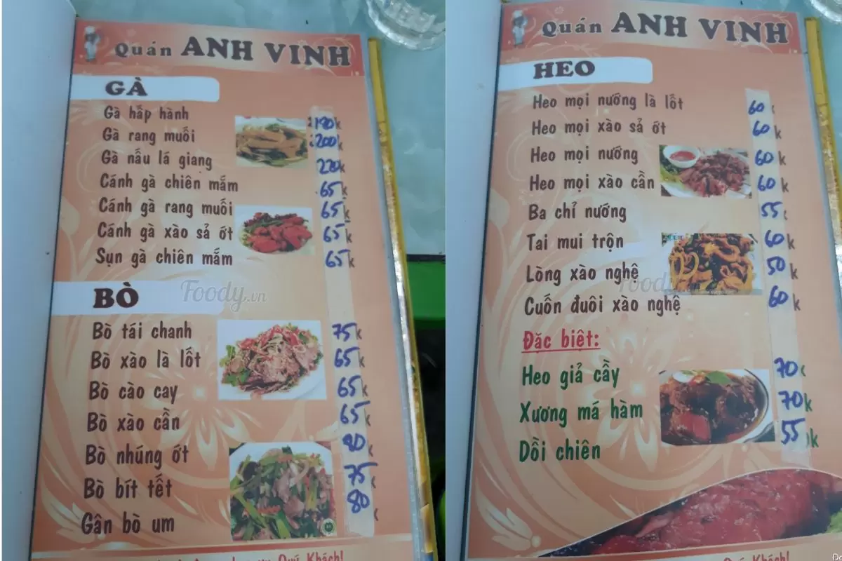 menu quán nhậu Anh Vinh