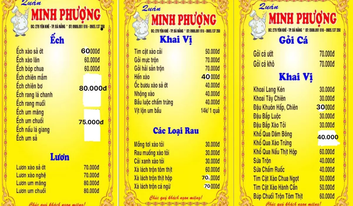 menu quán nhậu Minh Phượng