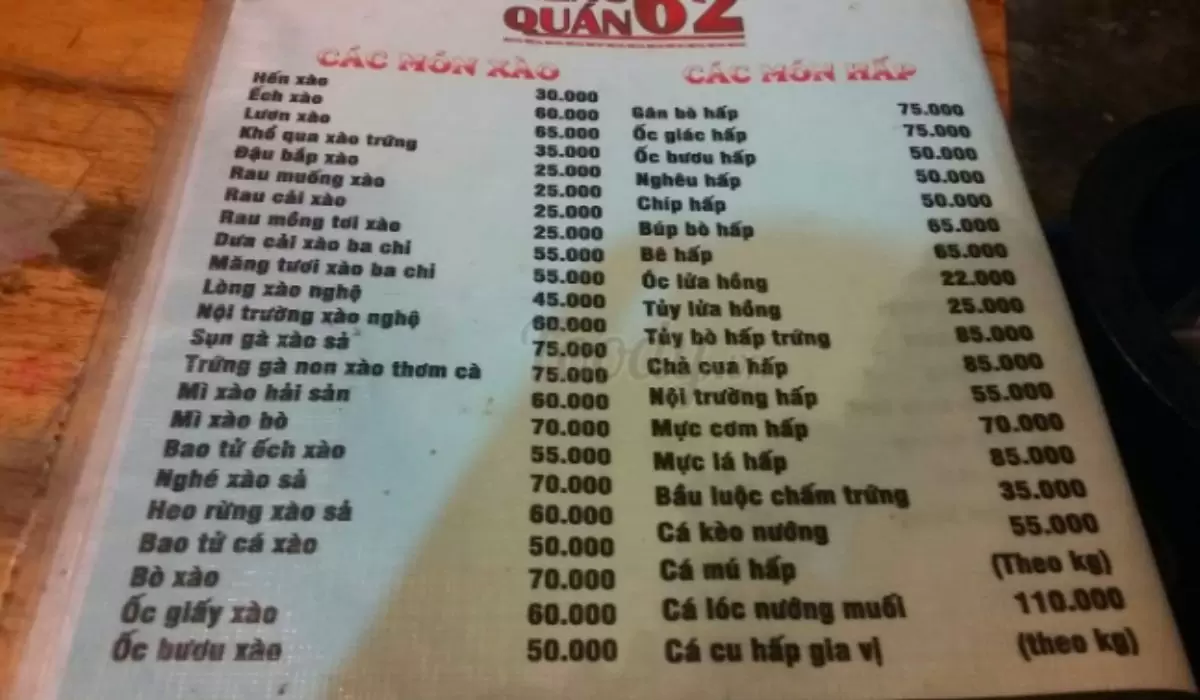 menu quán nhậu 62 Văn Cao